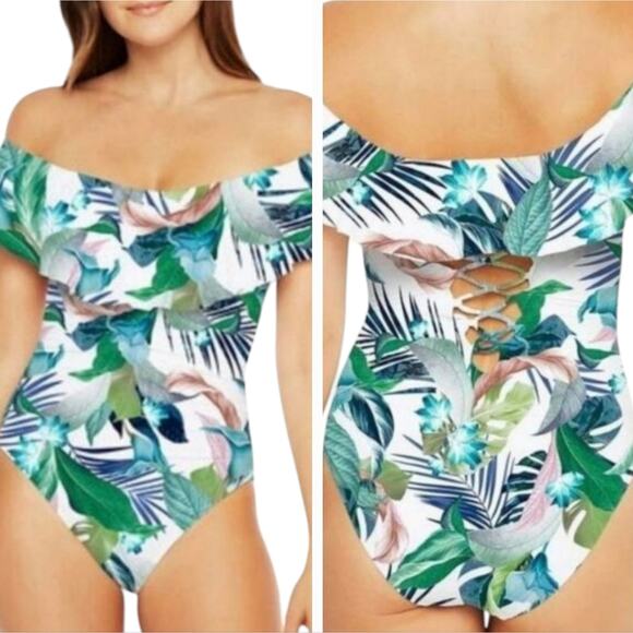 La BLANCA Off The Shoulder One-piece Tropical Lace Up Back Swimsuit plus size 16 - Picture 1 of 11
